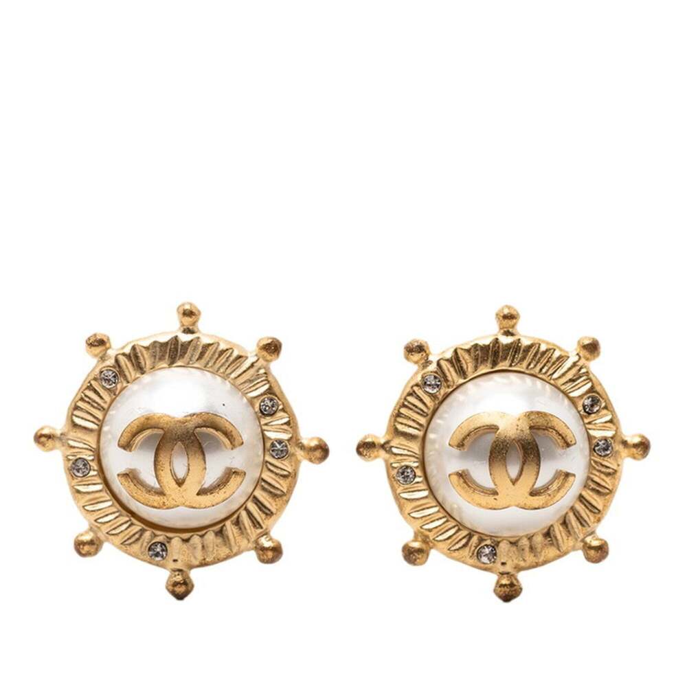 CHANEL Gold Pearl Logo Earrings